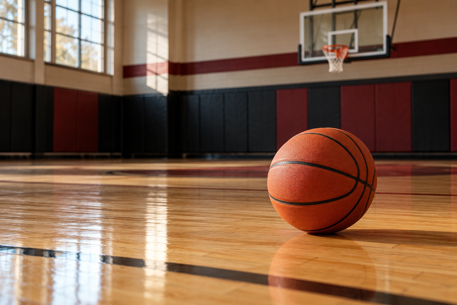 Basketball on hardwood with a hoop and net in the background