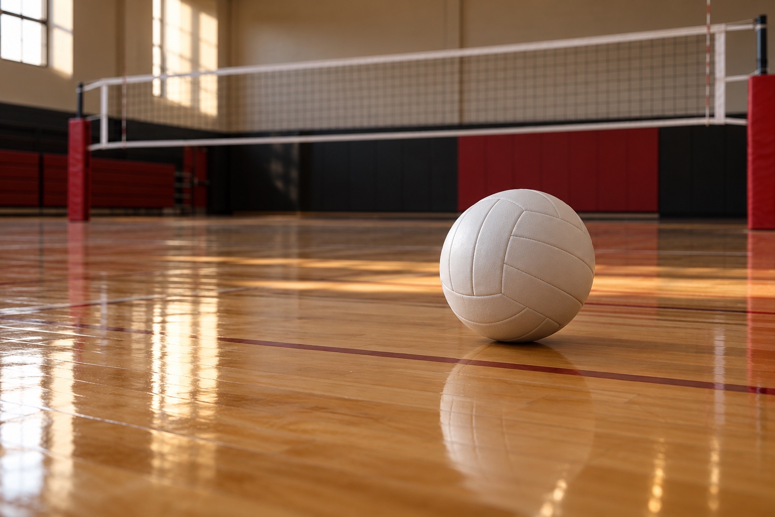 White volleyball on hardwood in front of a volleyball net